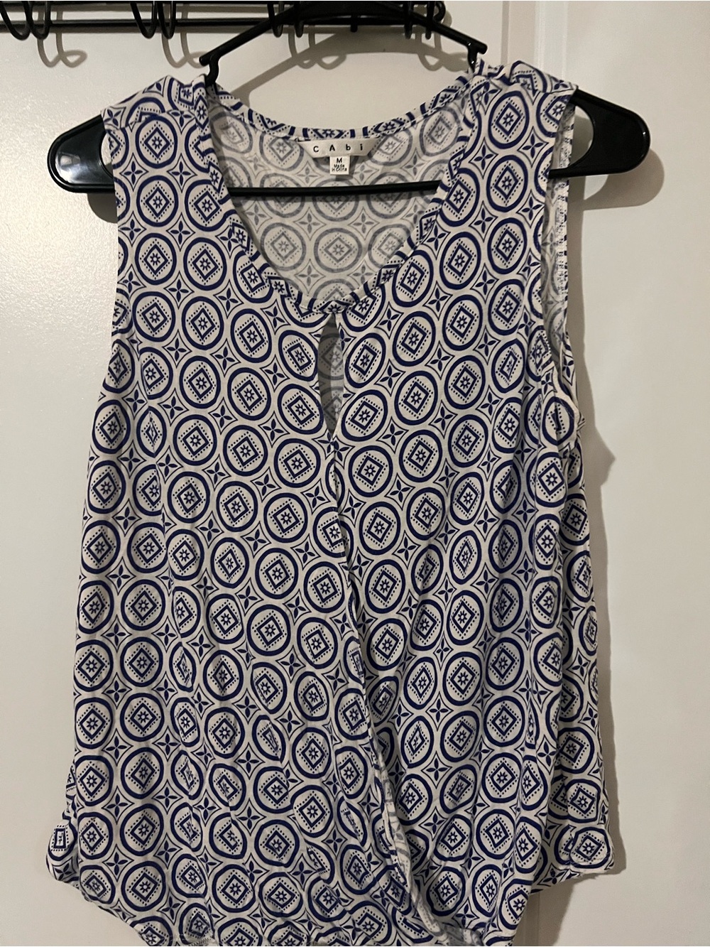 CAbi Navy & White Sleeveless Geometric Drape Top